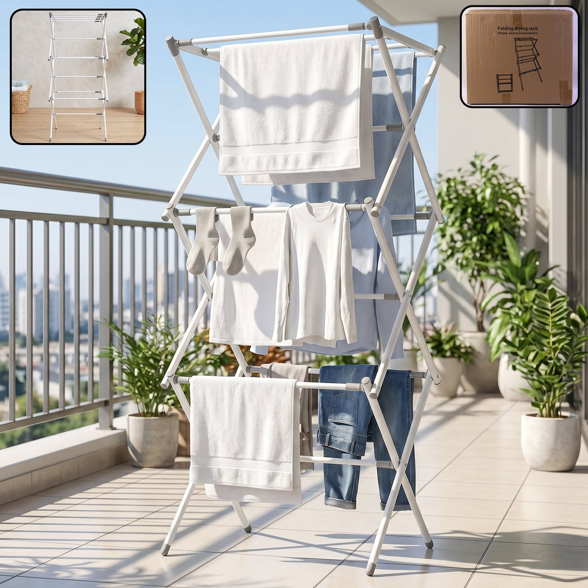 3 Tier Folding Clothes Drying Rack Laundry Cloth Dryer Stand for Balcony (1 Set) product image Main image