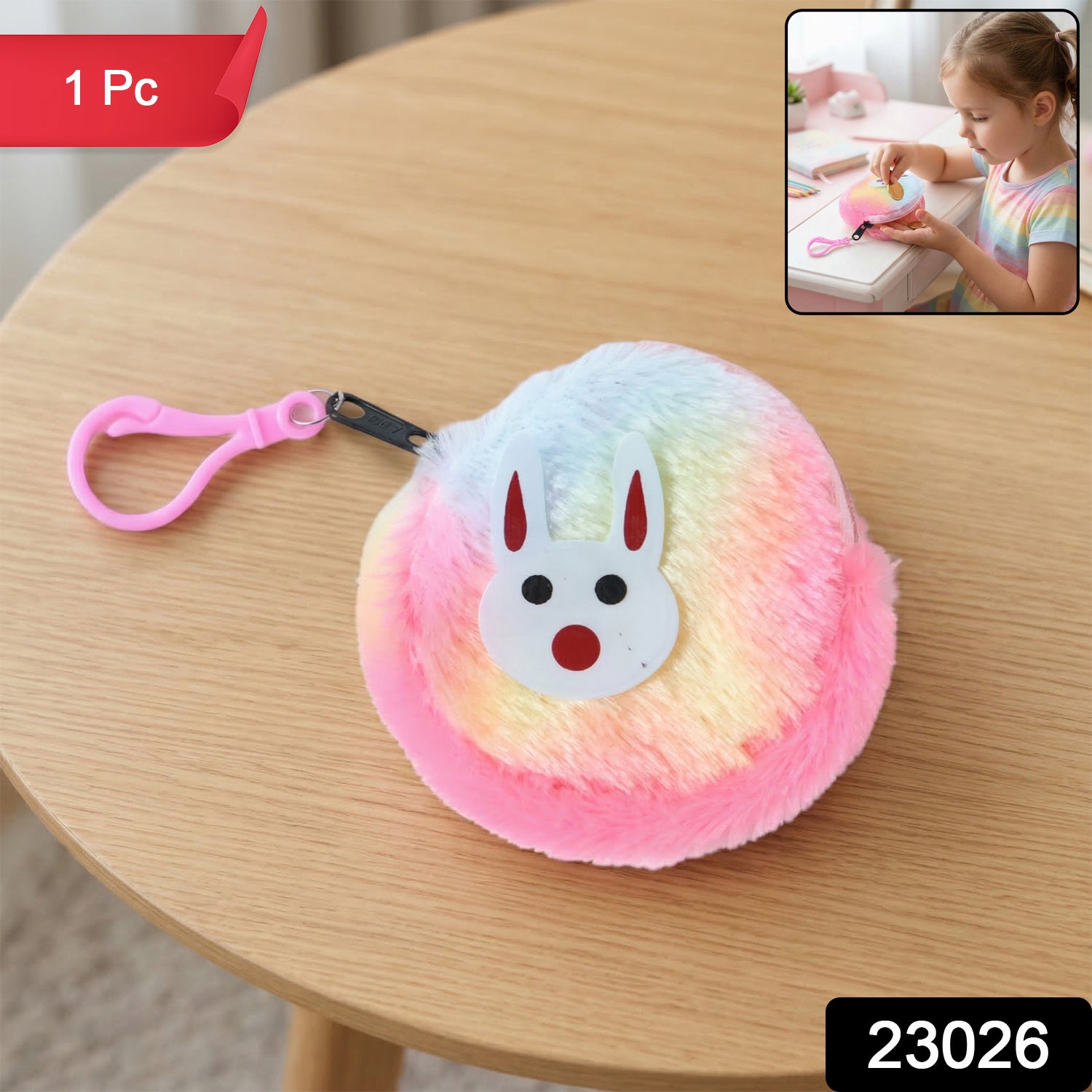 Cute Bunny Design Rainbow Fur Mini Coin Purse Keychain – Compact & Stylish for Kids Secondary image