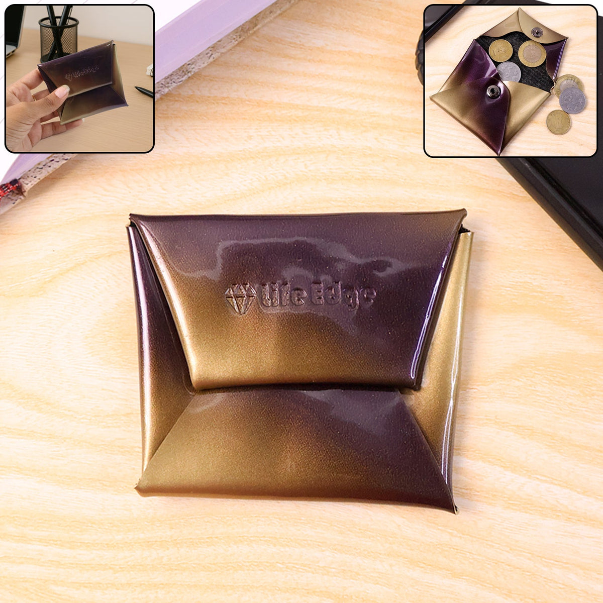 Foldable PU leather coin pouch with snap button closure Main image