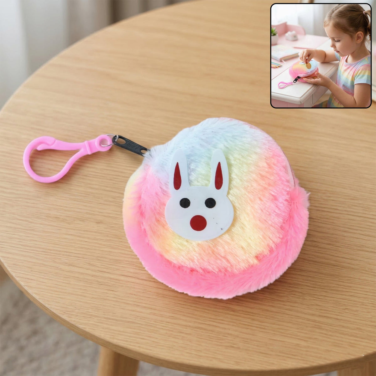 Cute bunny coin purse with rainbow fur for kids Main image