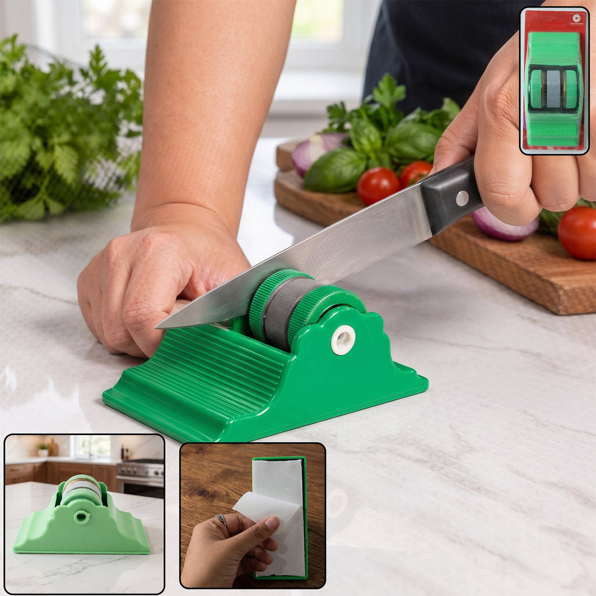 Compact knife sharpener with adhesive base and manual roller blades (1 pc) Main image