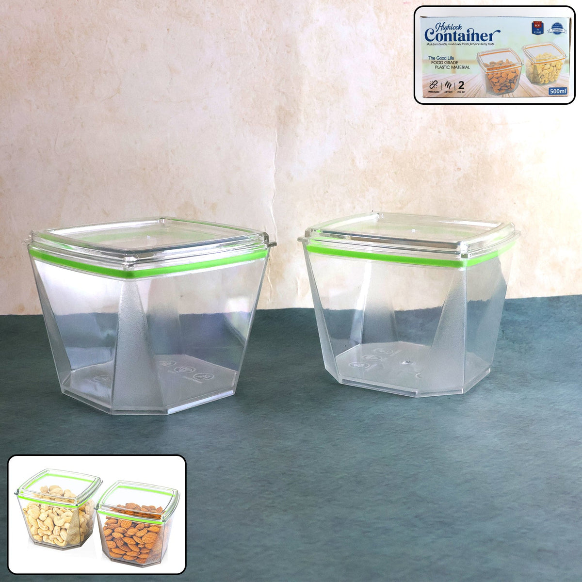 Two 500ml leak-proof food storage containers with green lids Main image