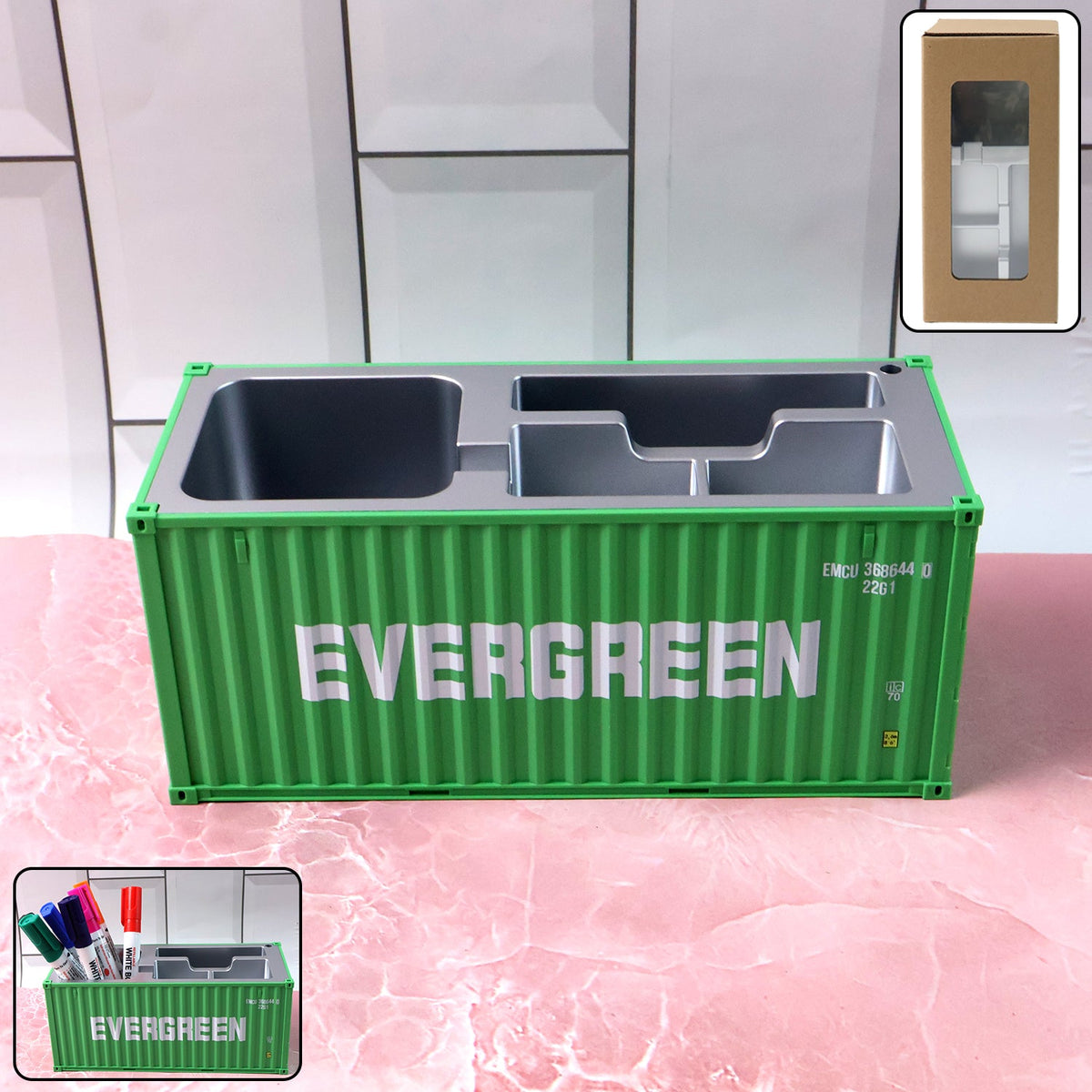 Container-style desk organizer holding pens and stationery on office desk. Main image