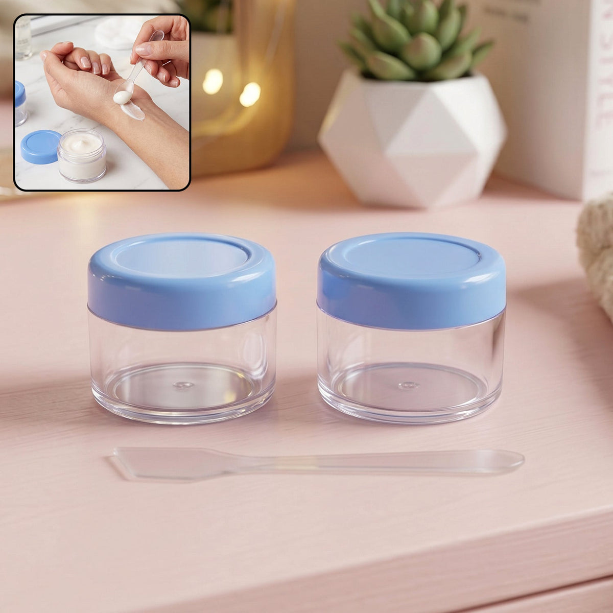 Empty plastic cosmetic cream jar set with spatula and blue lid Main image