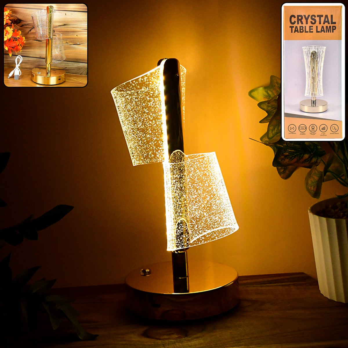 Crystal LED Double Shade Table Lamp with golden base shining brightly Main image