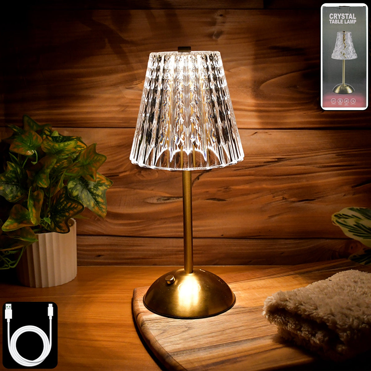 Crystal table lamp with elegant crystal shade on metallic base Main image