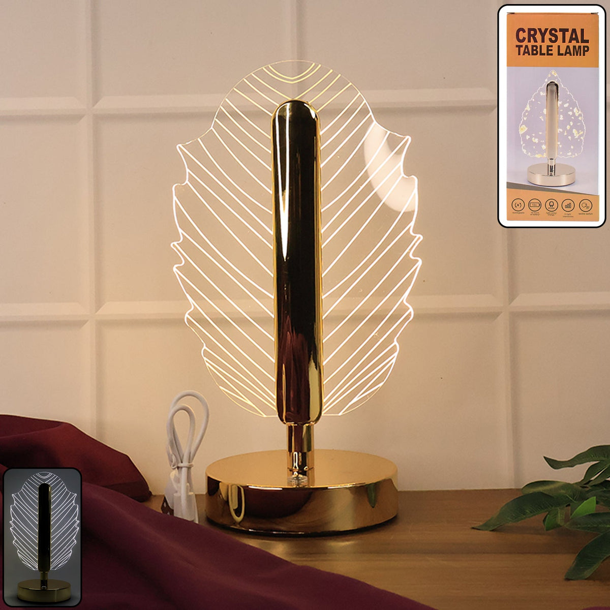 Leaf shape crystal table lamp with engraved acrylic shade and metal base Main image