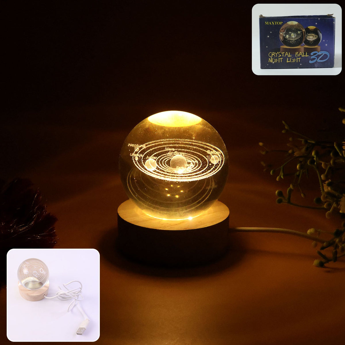 3D crystal ball night lamp glowing with warm LED light on wooden base Main image