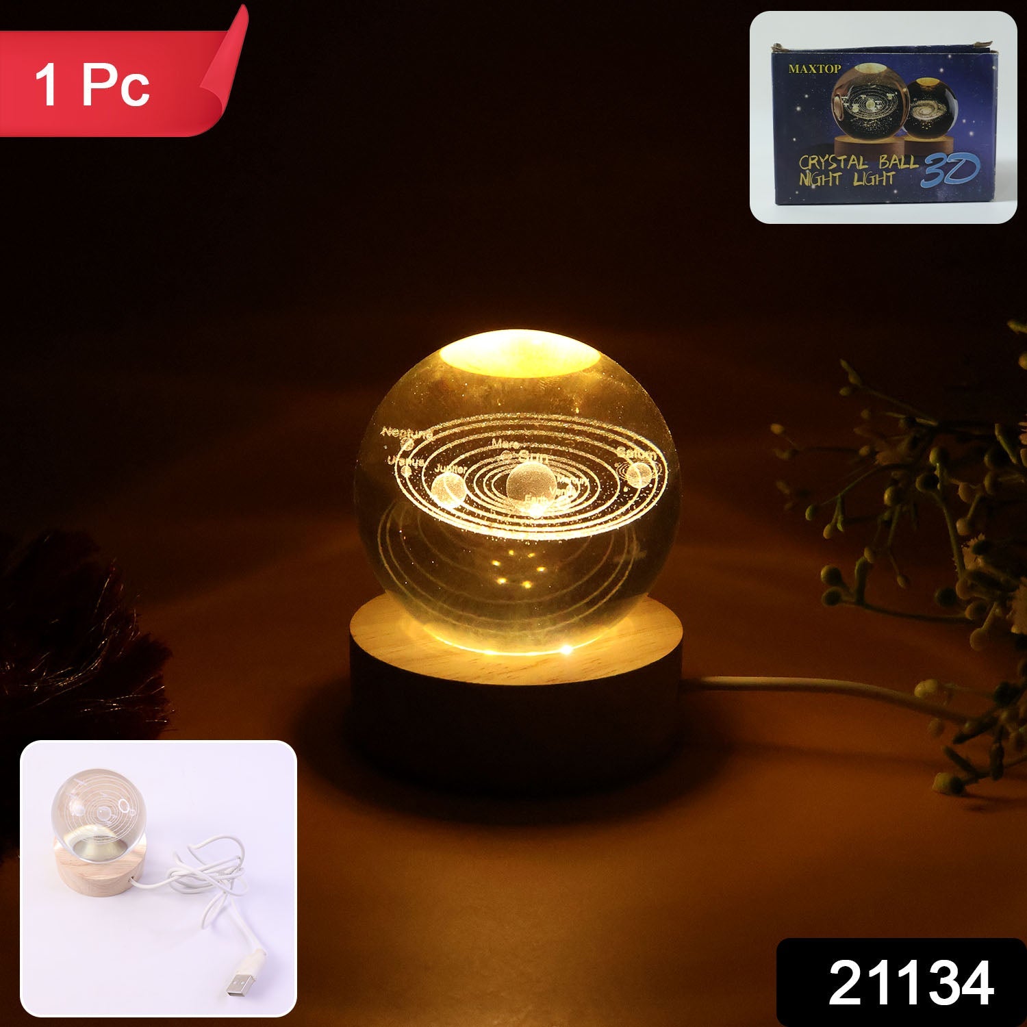 3D Crystal Ball Night Lamp – Elegant USB LED Light with Wooden Base Secondary image