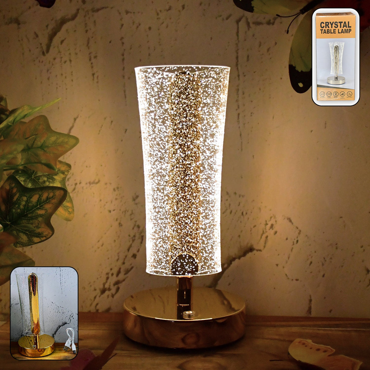 Crystal table lamp with sparkle acrylic shade and golden base illuminating softly Main image