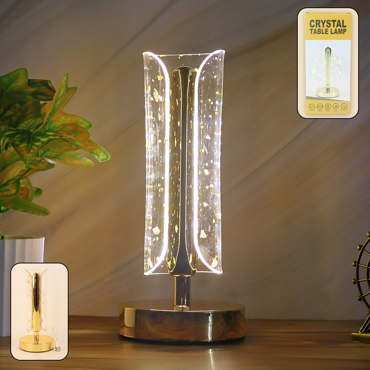 Crystal table lamp with golden base and acrylic crystal shade illuminating warm LED glow Main image