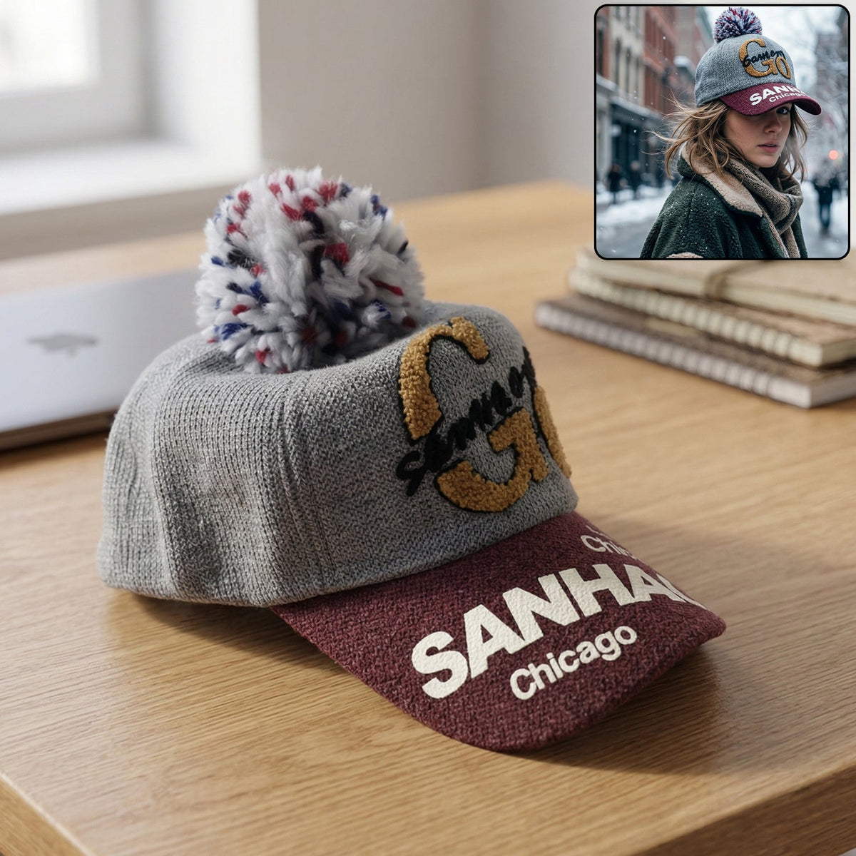 Elegant woolen baseball cap with pom pom, ideal for winter outings Main image