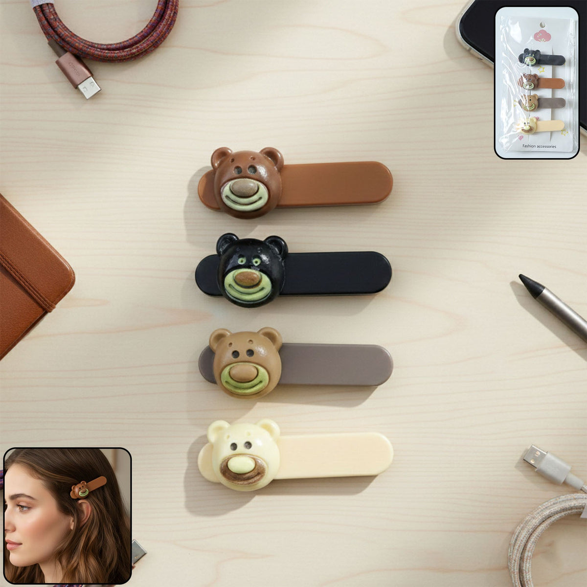 Cute bear face decorative hair clip with snap mechanism Main image