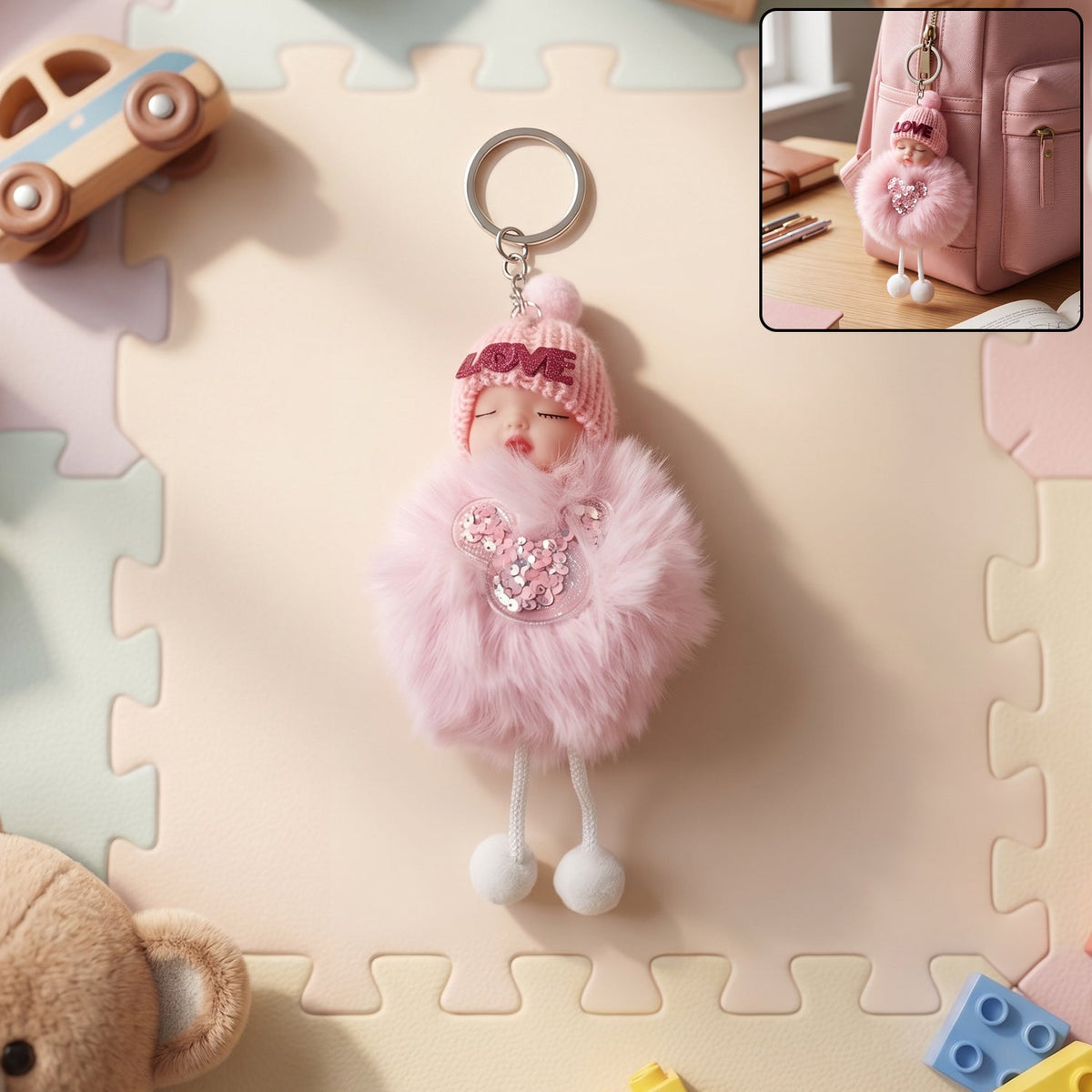 Plush doll keychain with cute sleeping face and soft fur ball attached on metal ring Main image