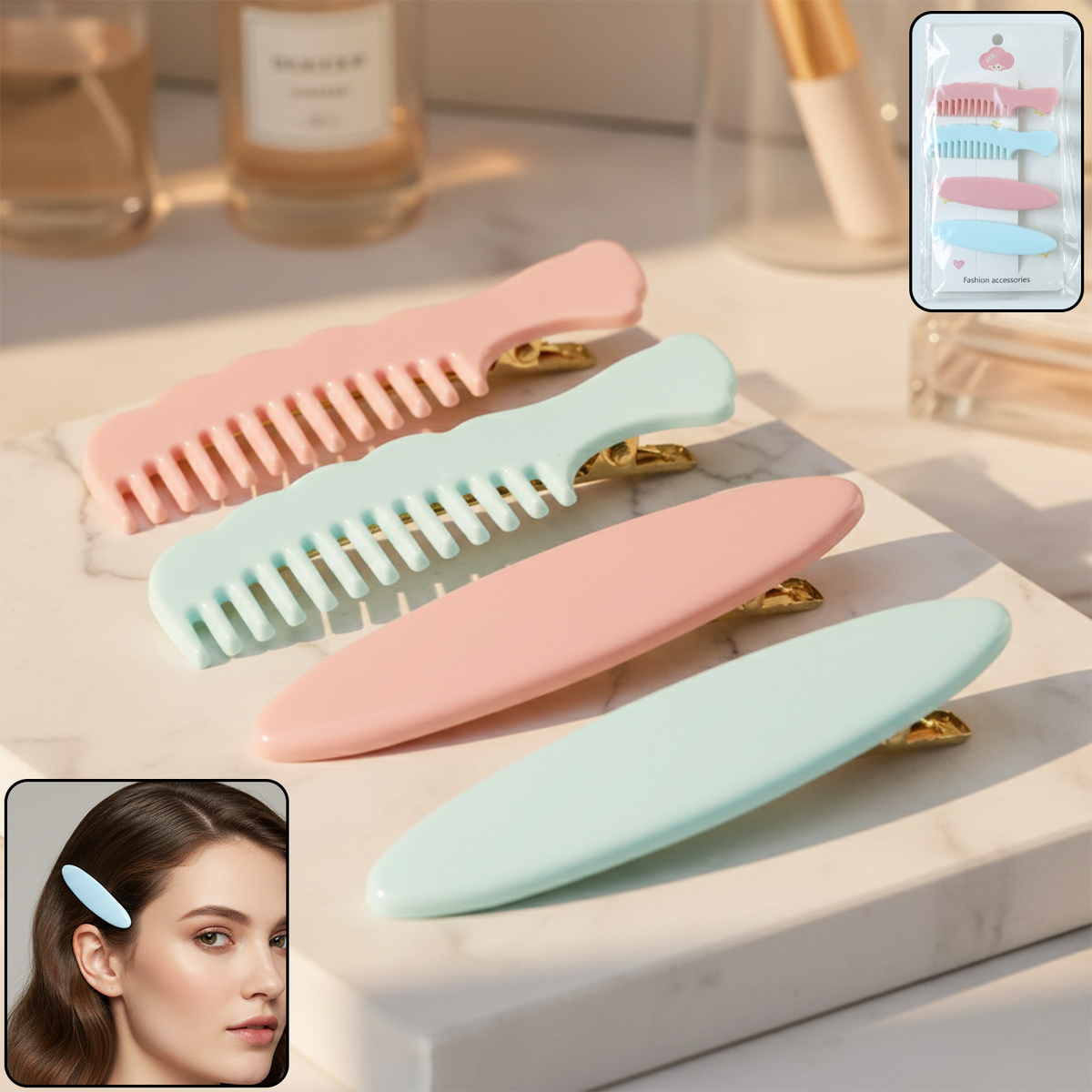 Set of 4 pastel comb hair clips in soft shades for daily styling Main image
