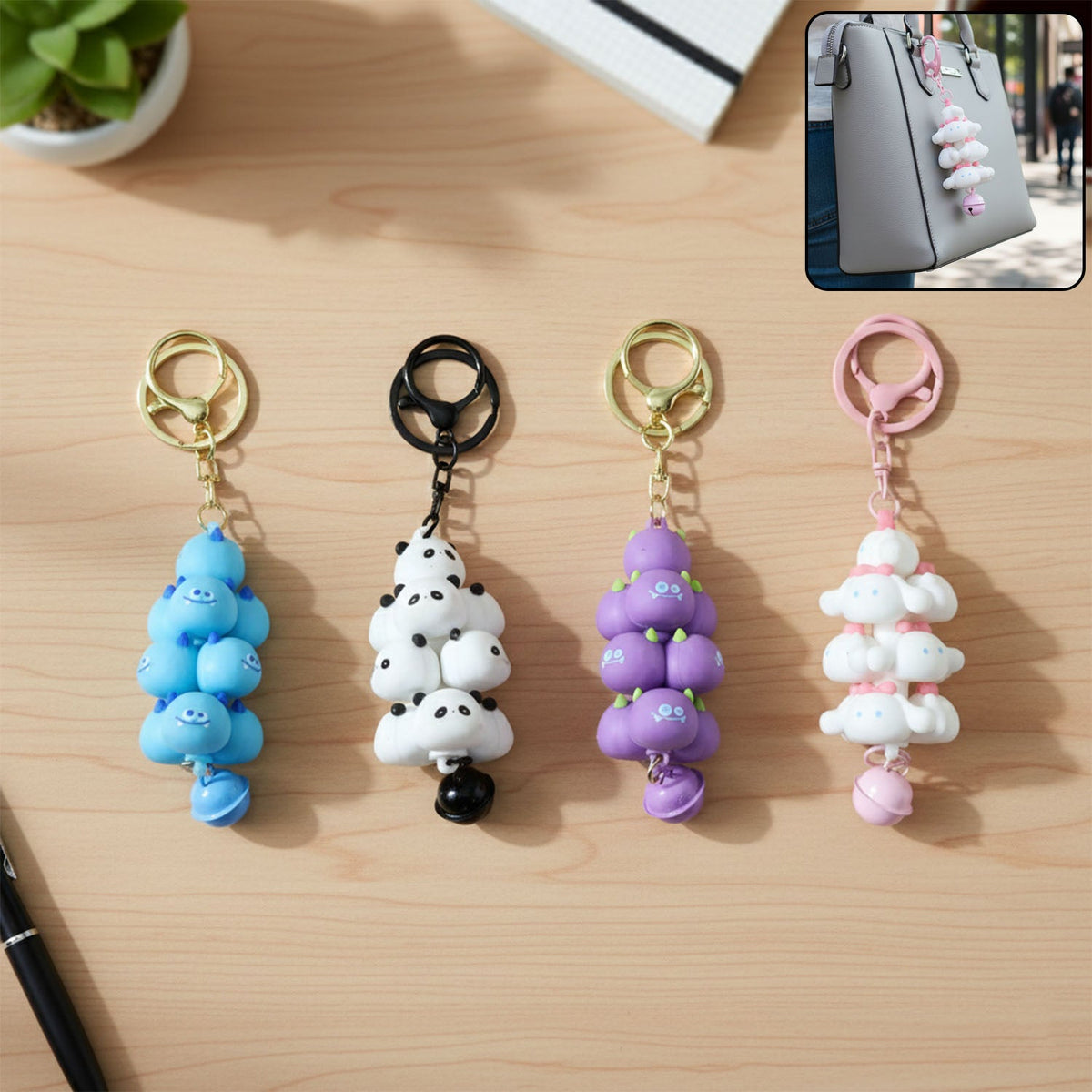 Colourful cartoon cloud keychain with a charming bell and secure metal clip. Main image