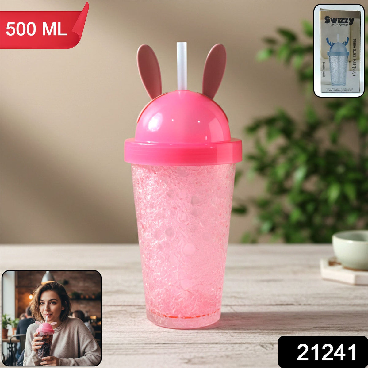 Red bunny ear sipper bottle with straw lid, 500 ML water bottle for kids and adults Main image