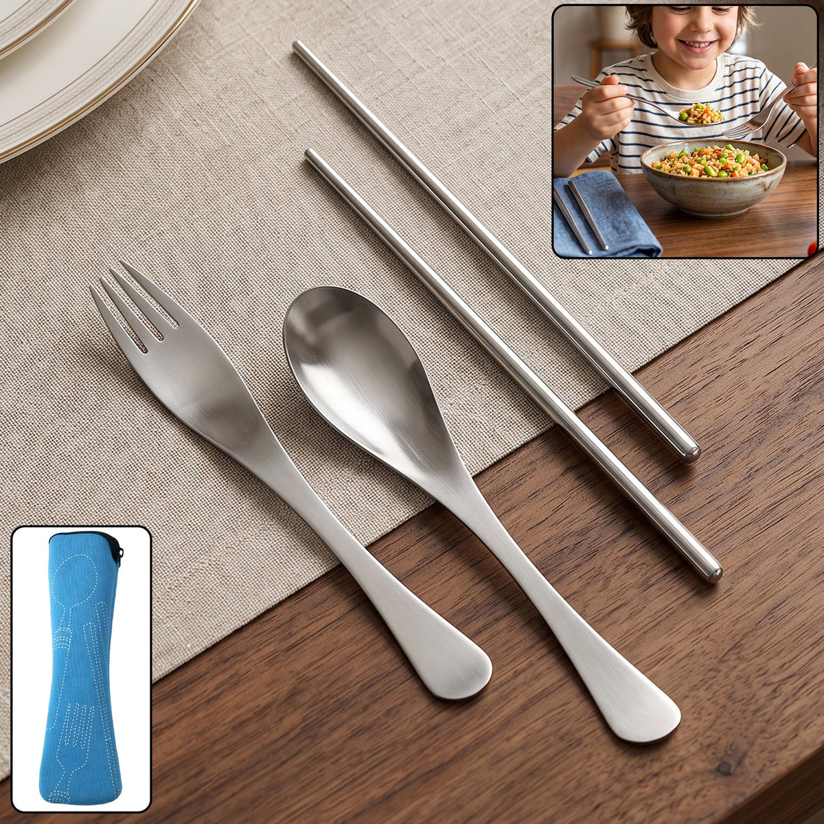4 in 1 portable cutlery set with pouch, steel spoon, fork and chopsticks (1 set) Main image