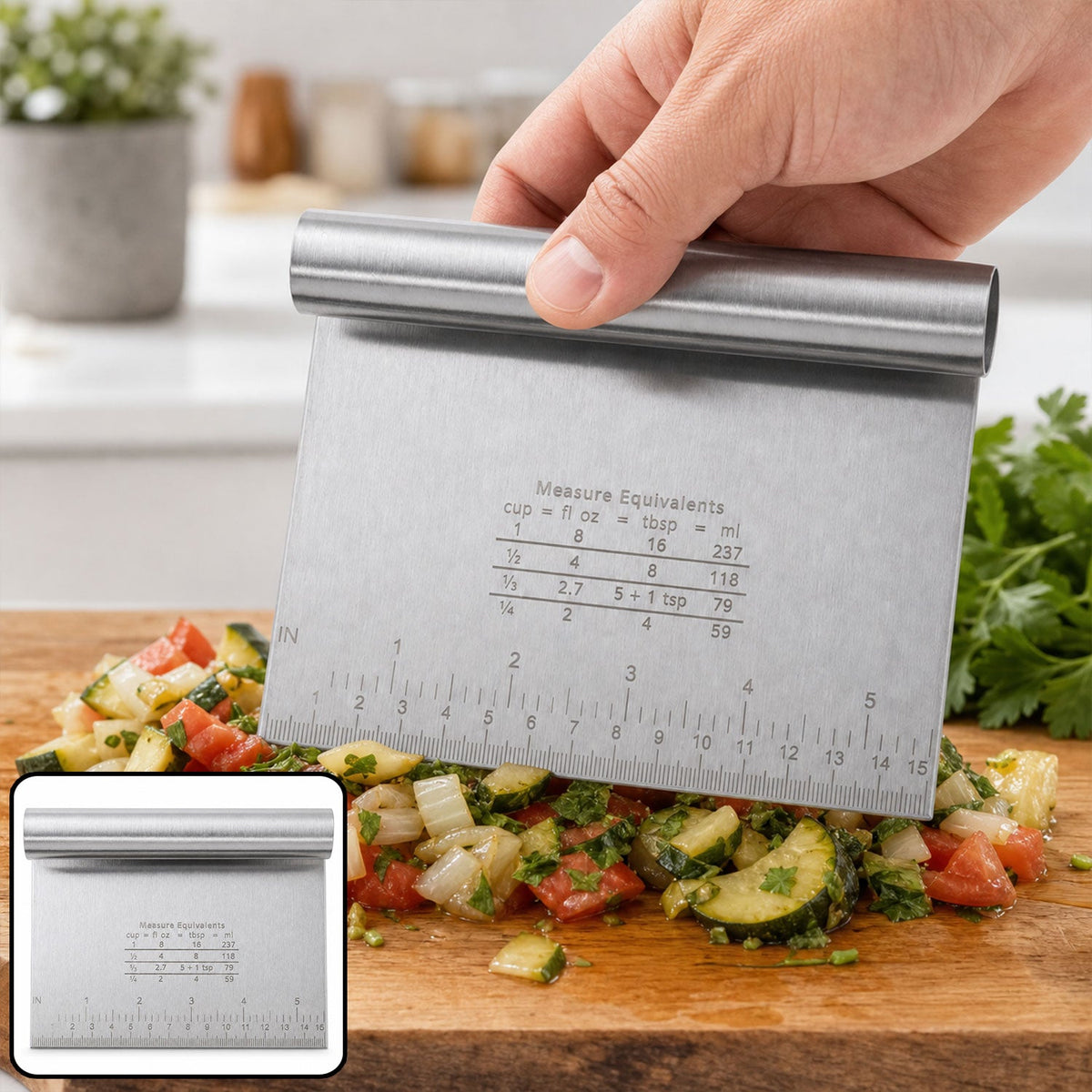 Small stainless steel dough scraper cutter, 15 x 12 cm with measuring scale (1 pc) Main image