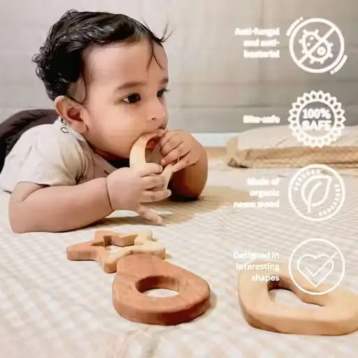 Neem Wood Baby Teether Combo Set of 5 | Natural Wooden Teething Toys | Safe BPA-Free Wooden Teethers for Newborns & Infants