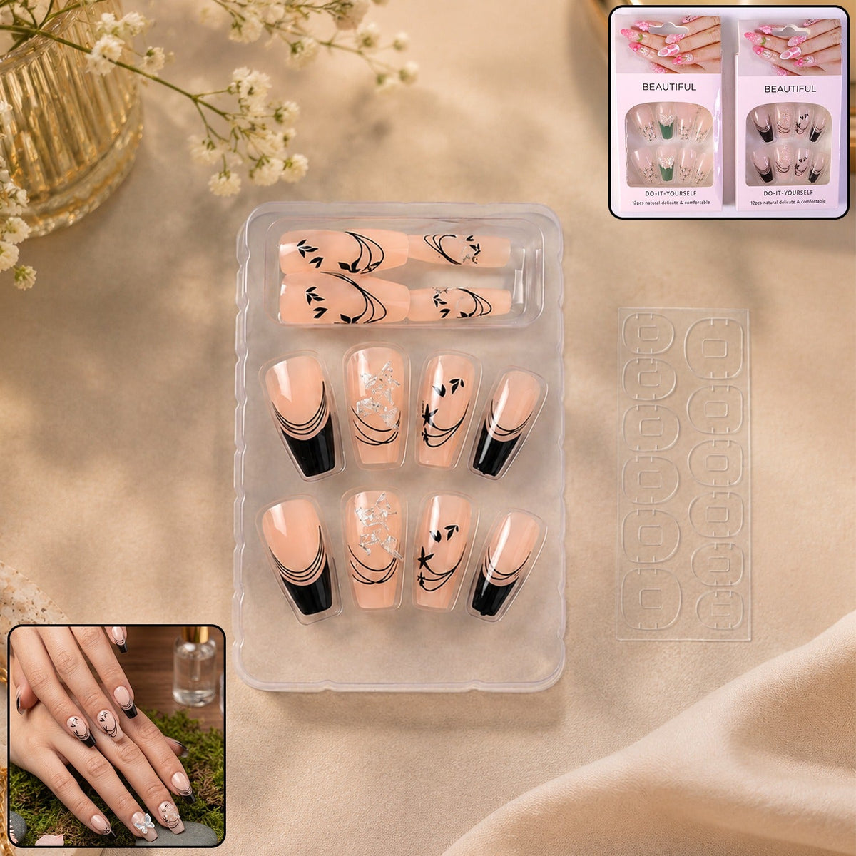 Burgundy artificial press-on nails set with white floral design, 12 reusable pieces Main image