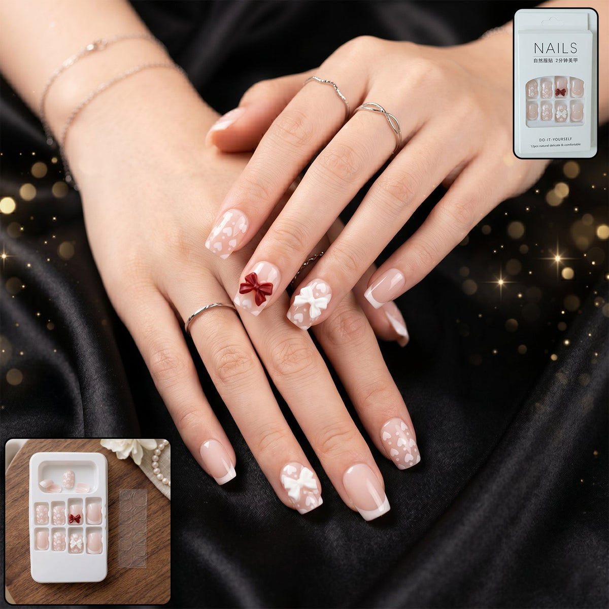 Woman's hand with glitter 3D floral press-on nail tips showcasing detailed floral and crystal designs. Main image
