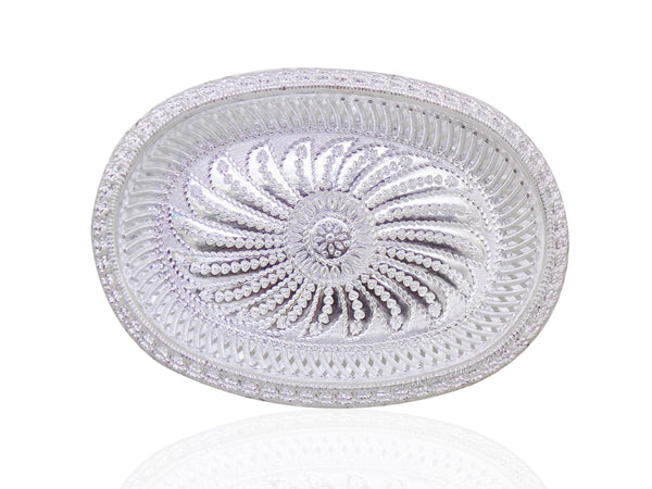 Top-down view of the oval silver serving tray, ideal for festive spreads.