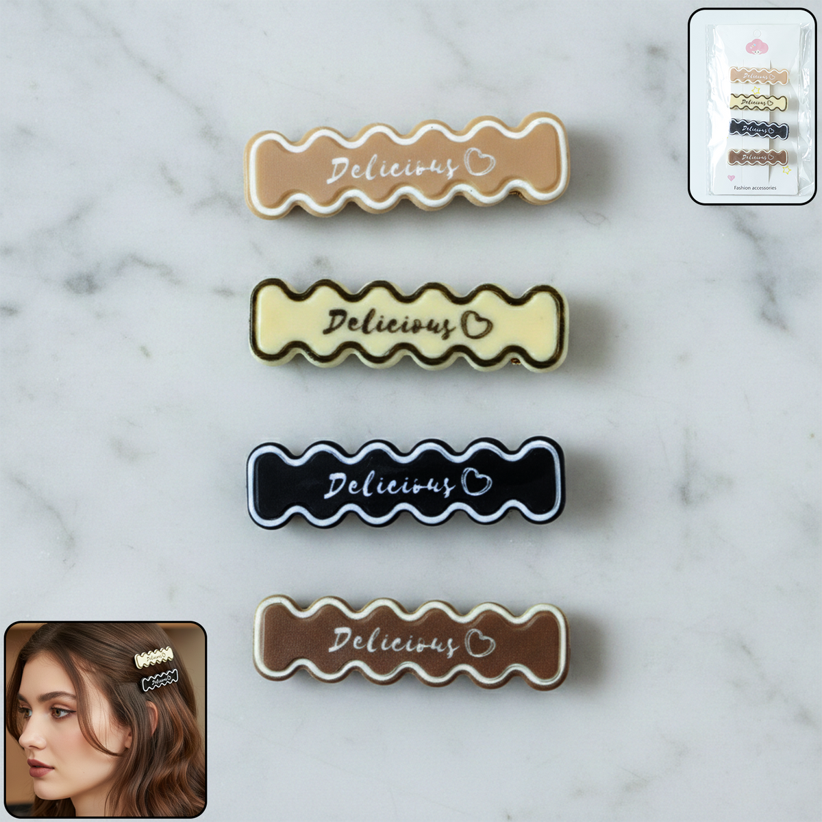 Set of four elegant design hair clips with wavy text patterns Main image