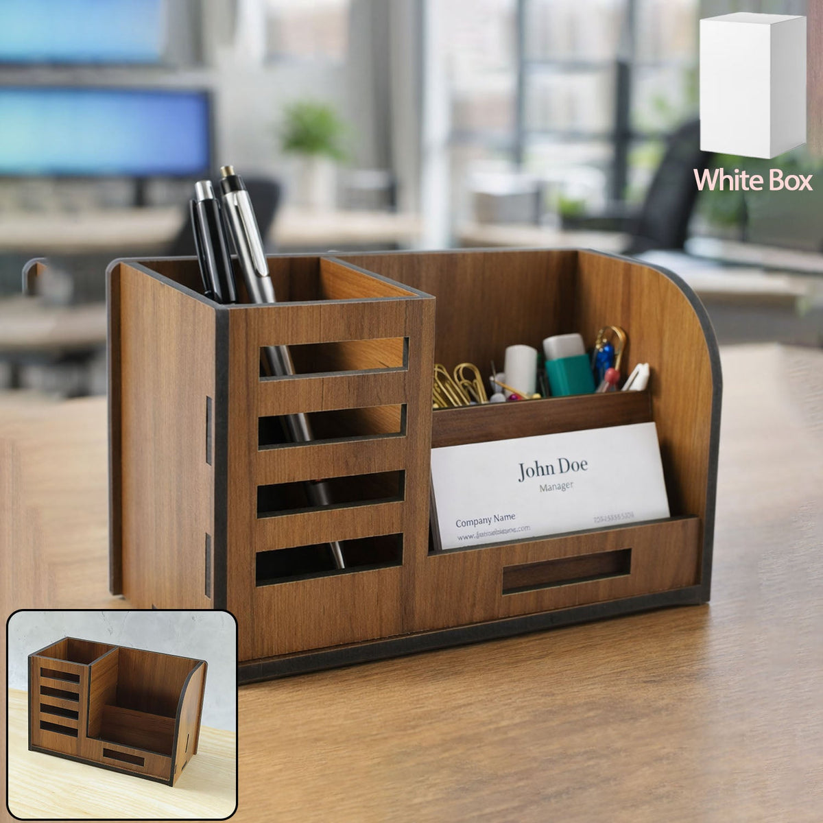 Wooden desk organizer with multiple compartments including pen holder and phone stand Main image