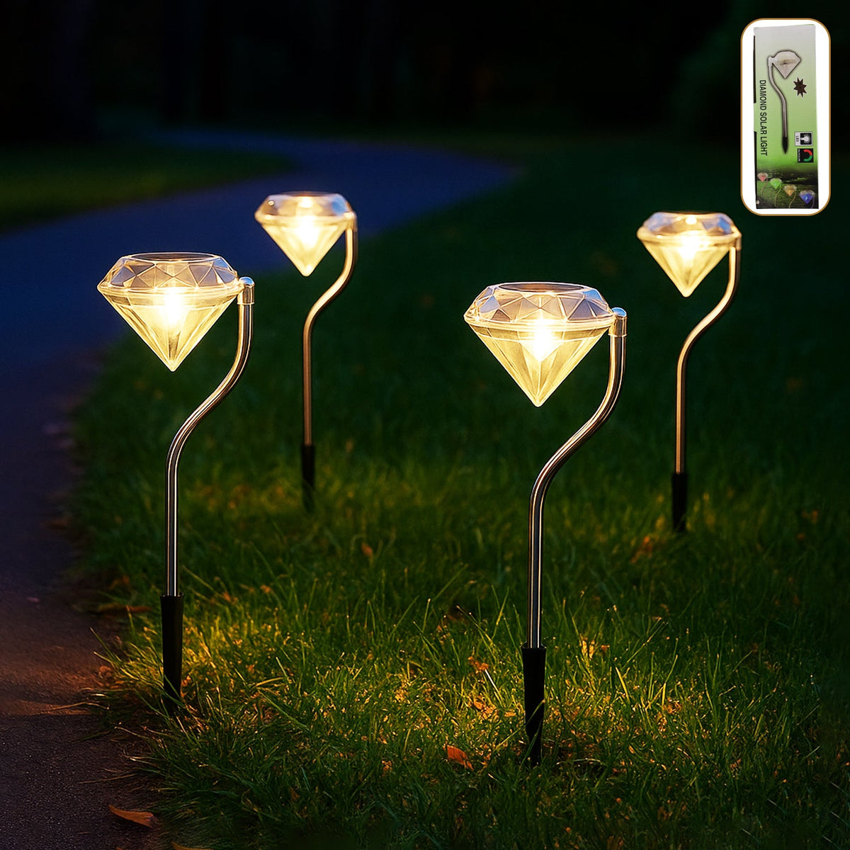 Set of 4 diamond solar garden lights illuminating a garden path at dusk with warm LED light Main image