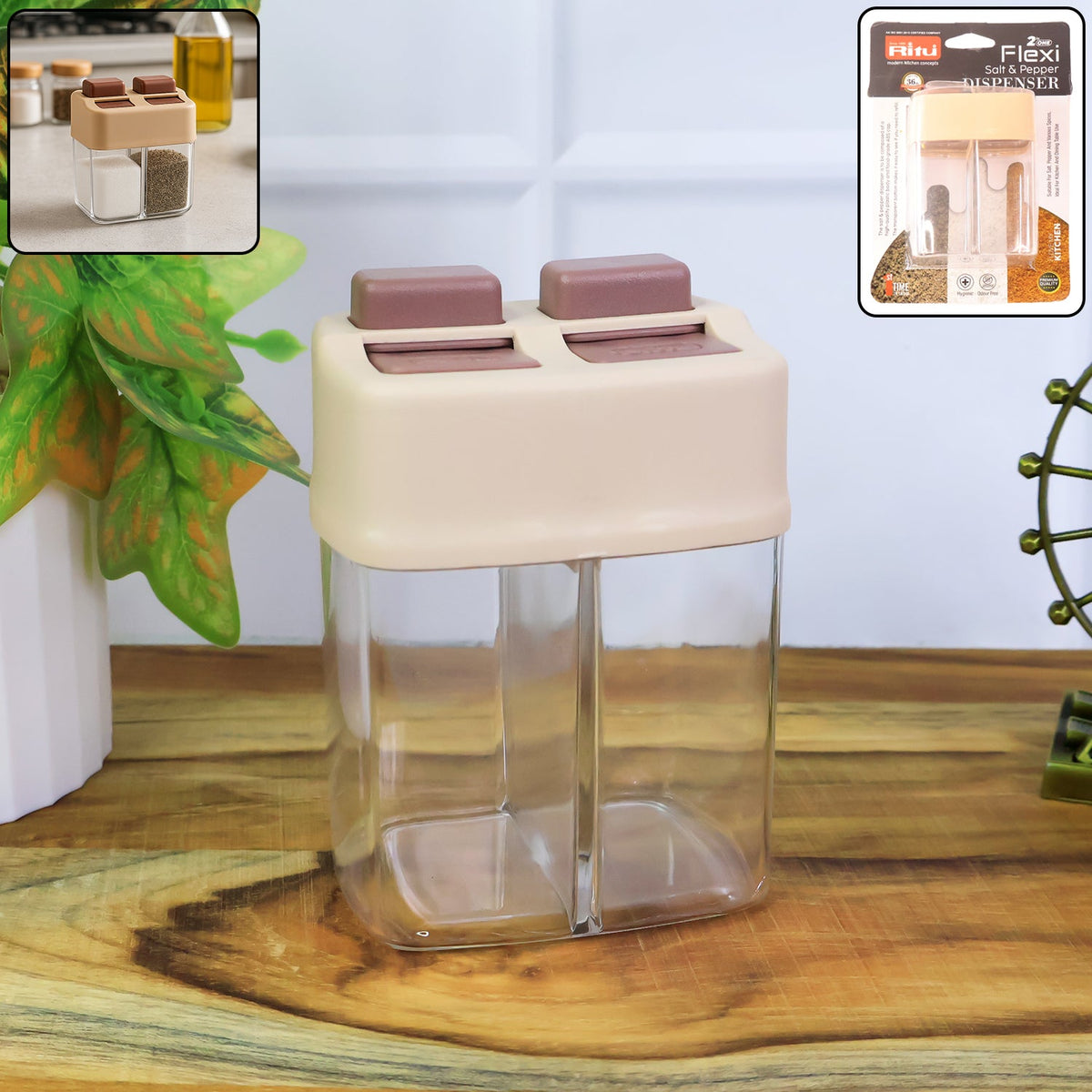 Dual chamber salt and pepper dispenser with transparent body and flip lids Main image