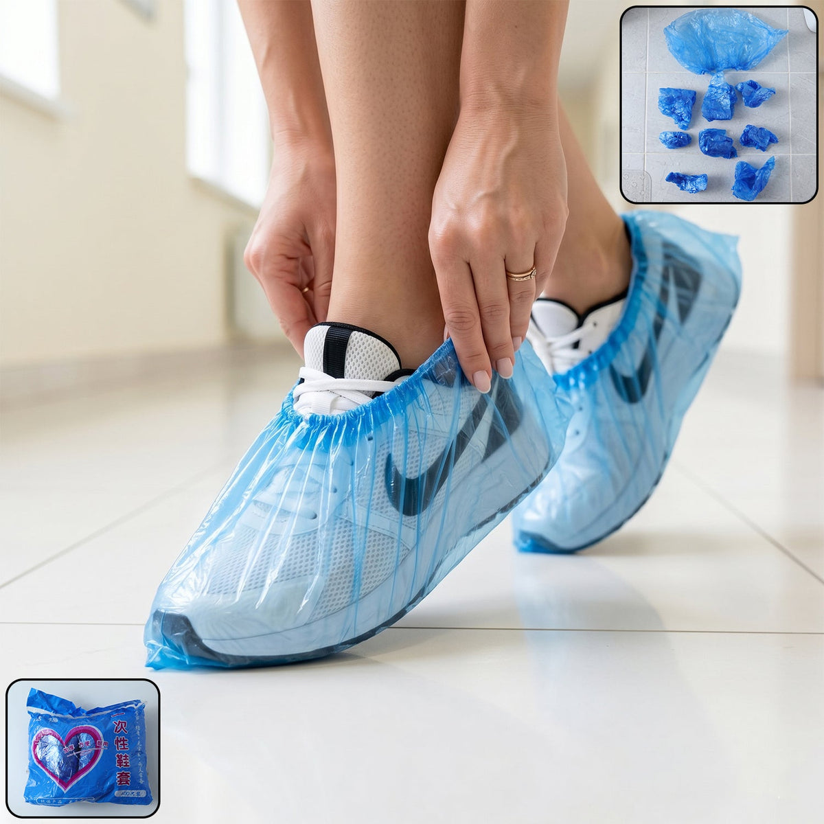 Disposable plastic shoe covers with elastic fit in use Main image