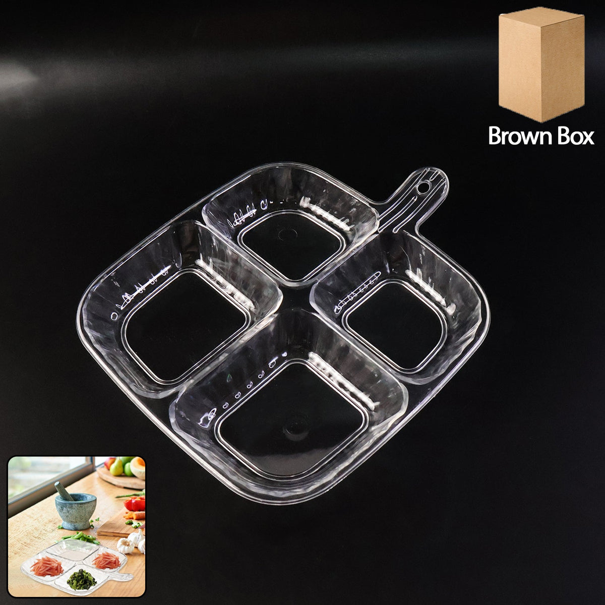 Front view of plastic 4-compartment serving tray showing clear sections Main image