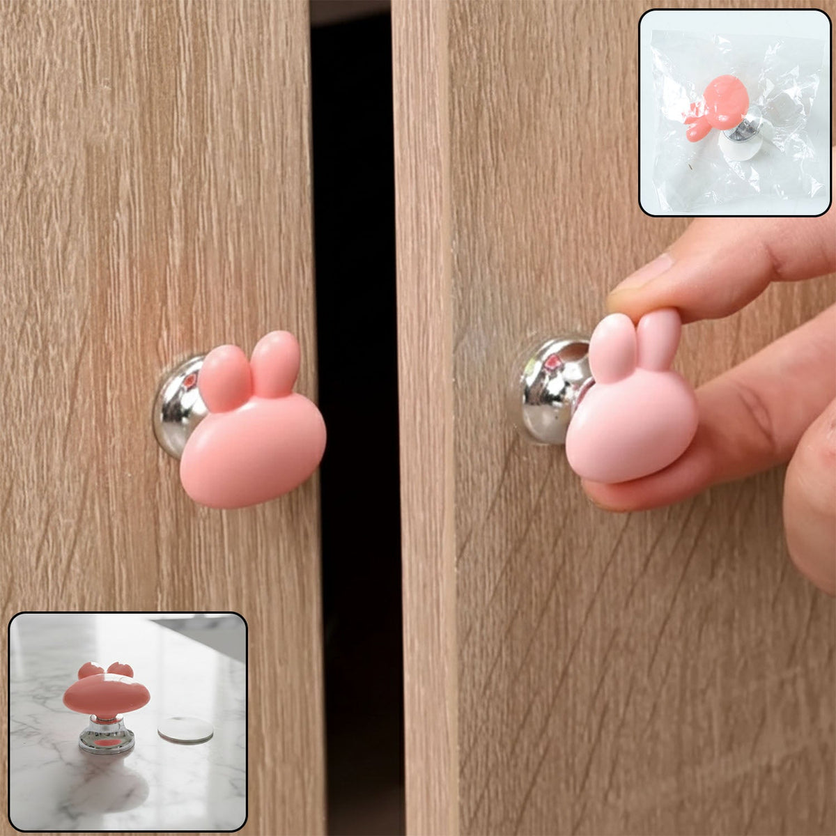 Bunny ear cabinet knob installed on a wooden cabinet, ideal for kids' rooms. Main image