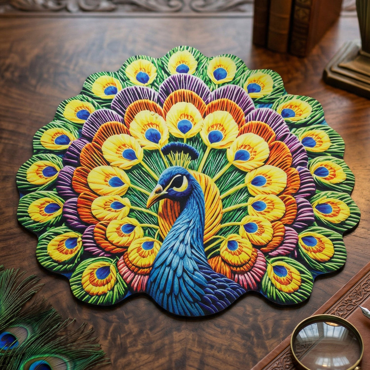 Decorative peacock design round floor mat in vibrant colors Main image