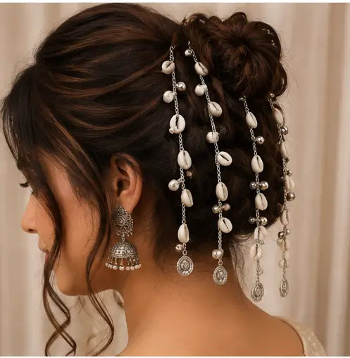 Navratri Silver Hair Clips with Kori & Ghoongroo – Set of 5 Traditional Ethnic Hair Accessories
