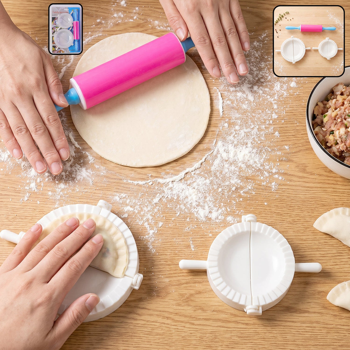 Dumpling maker mould set with mini rolling pin for momo and gujiya (1 set) Main image