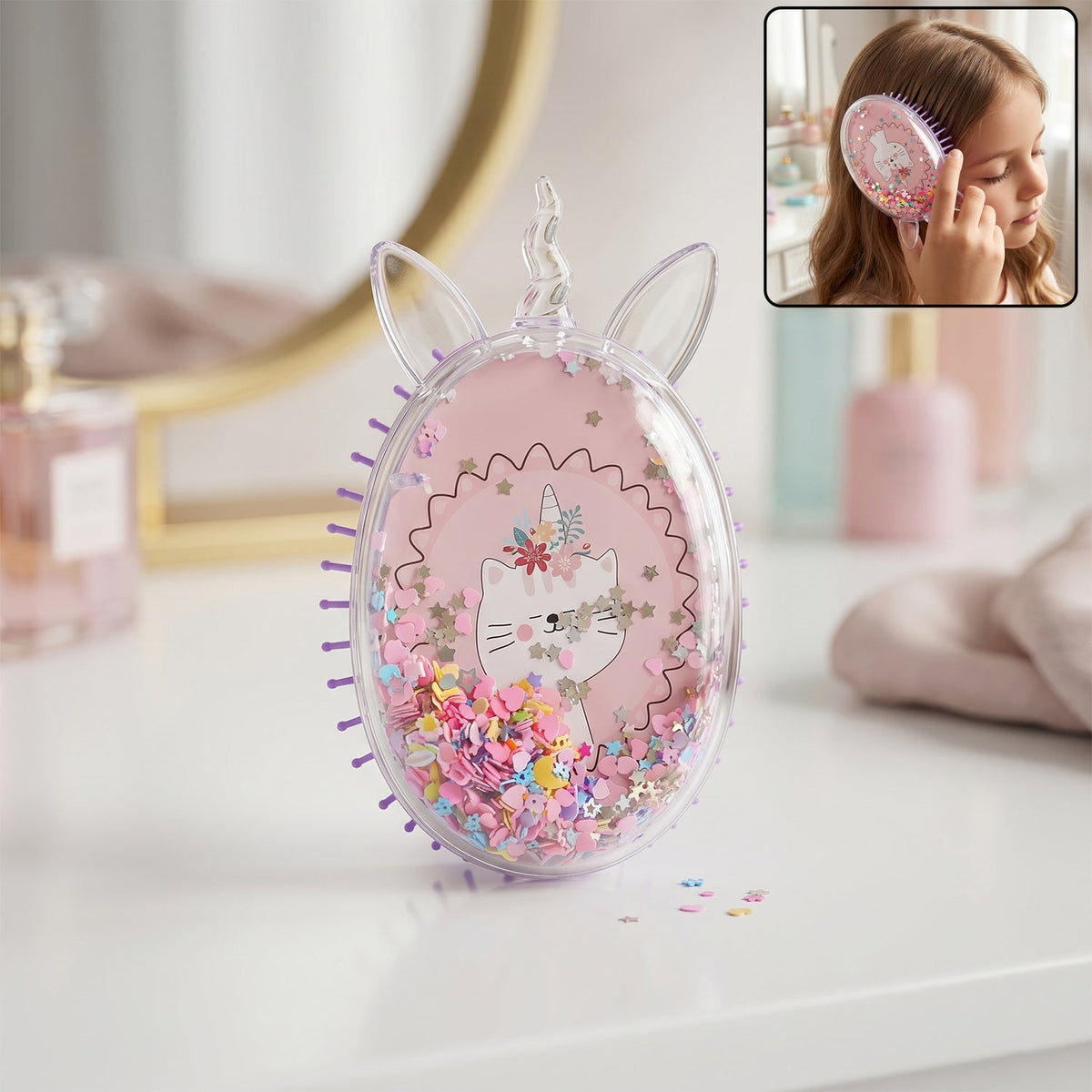 Cute unicorn theme magic floating glitter hair comb for kids Main image