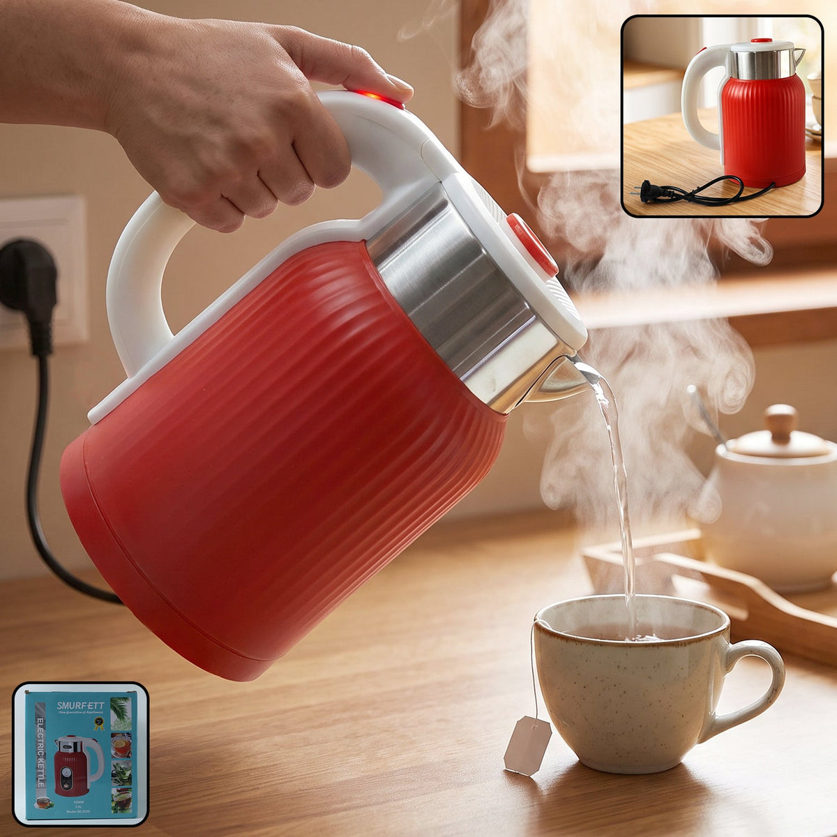 Red electric kettle, 2 litre 1500W for tea, coffee, milk and hot water (1 pc) Main image