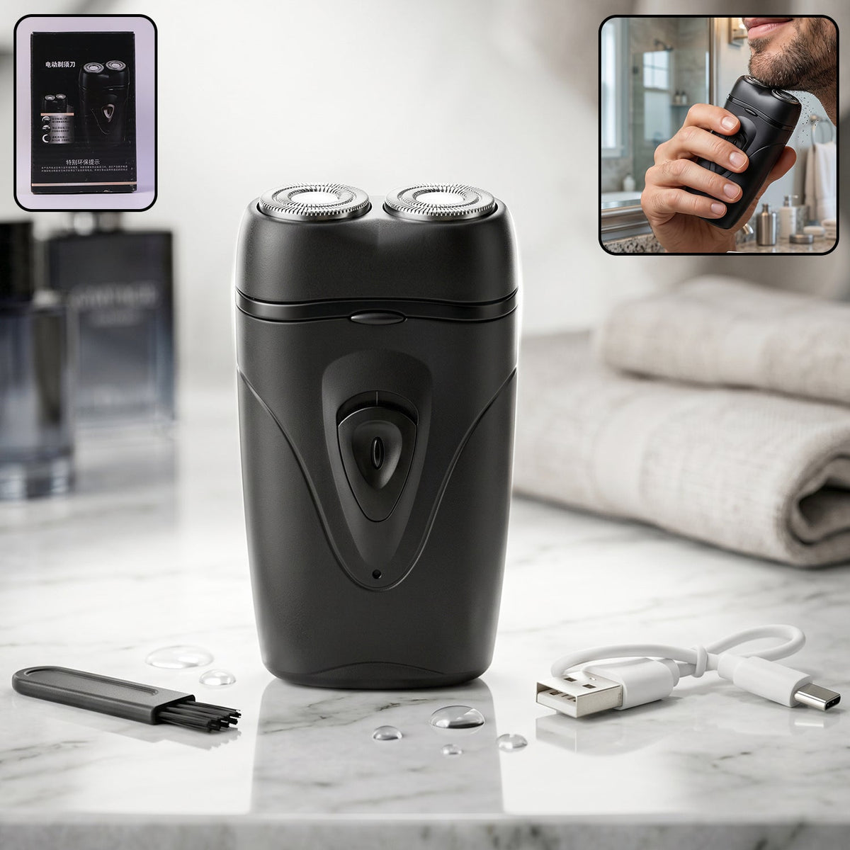 Close-up of portable electric shaver with dual rotary heads for men Main image