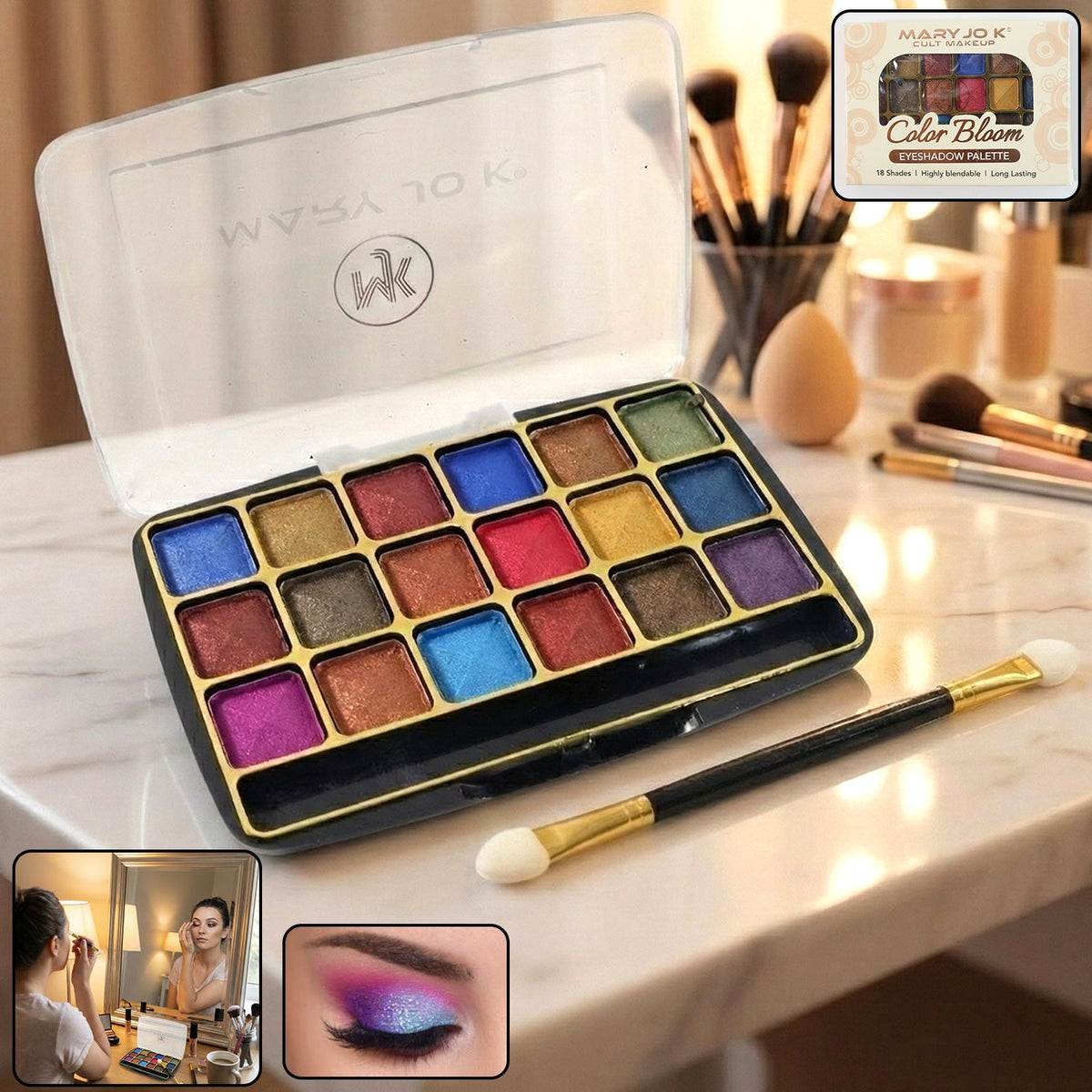 18-color shimmer eyeshadow palette closed in compact case showing sleek design Main image