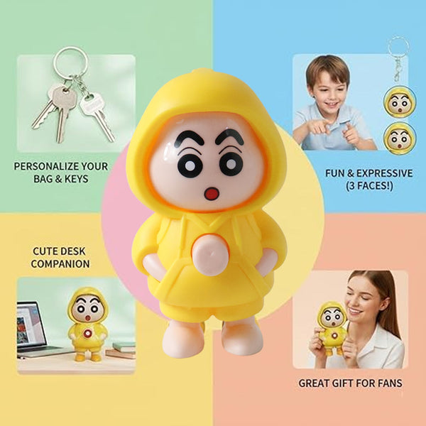 Close-up of face-changing doll keychain with animated expressions