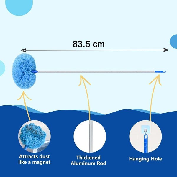 Cleaning duster size comparison showing compact and extendable features