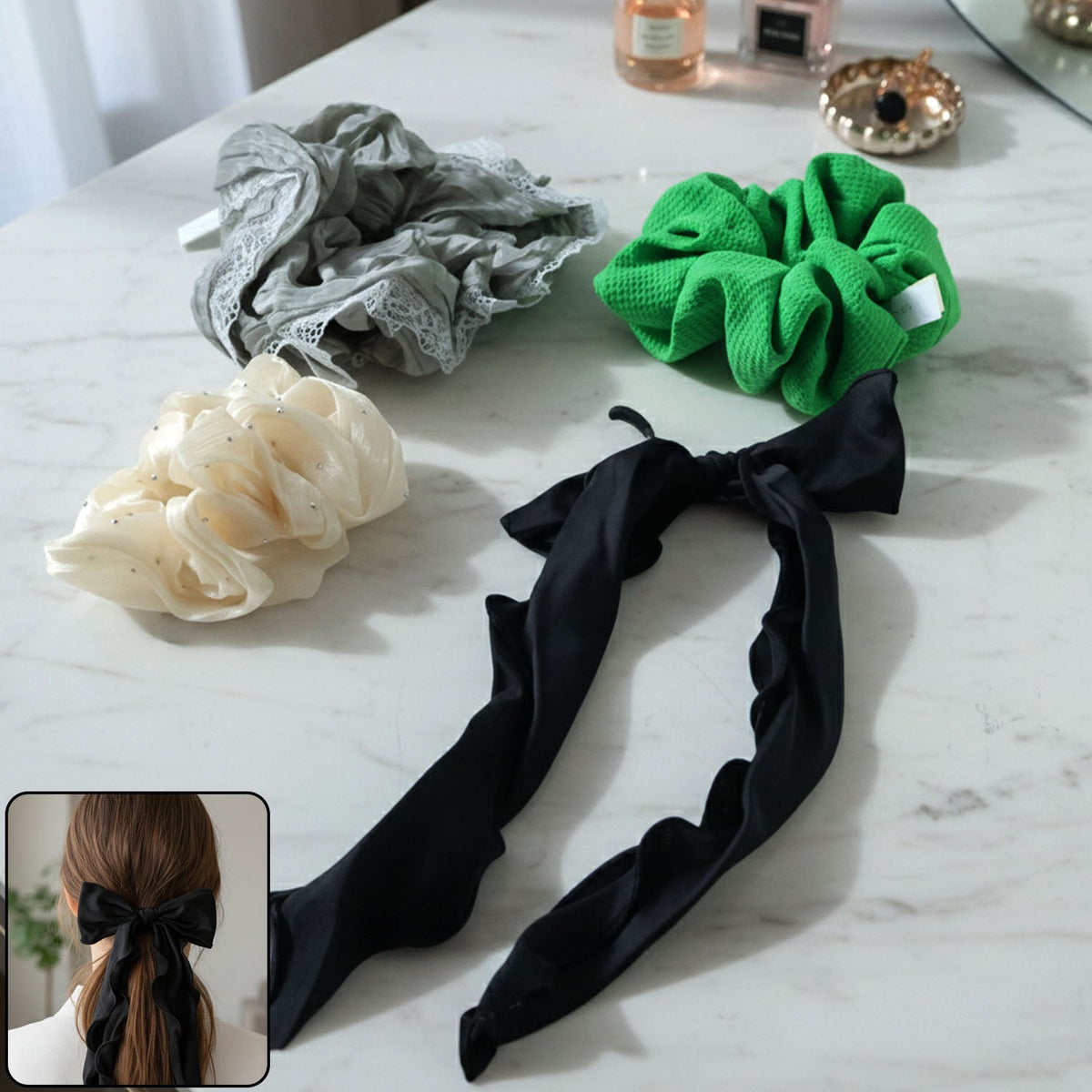 Soft fabric hair scrunchie with stylish bow tie design in assorted colors Main image
