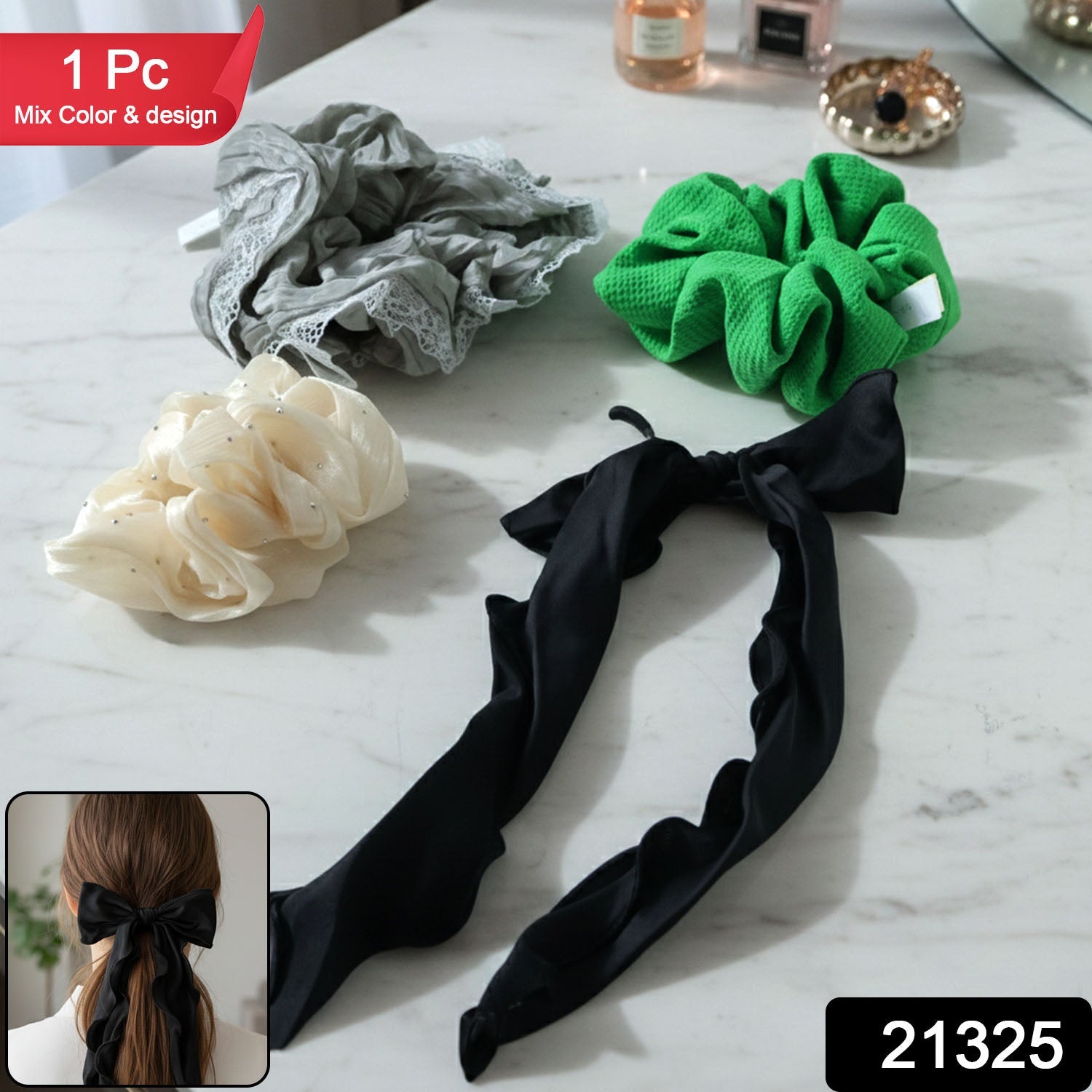 Fabric Hair Scrunchie with Bow Tie – Soft, Stylish Hair Accessory Secondary image