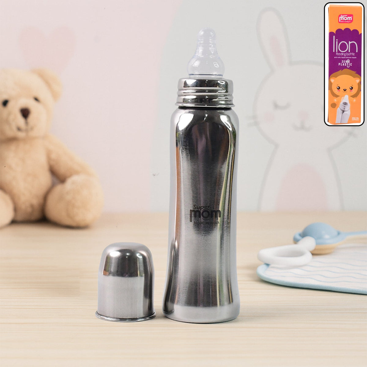 Anti-Colic Stainless Steel Feeding Bottle with Lion Design 250ml Main image