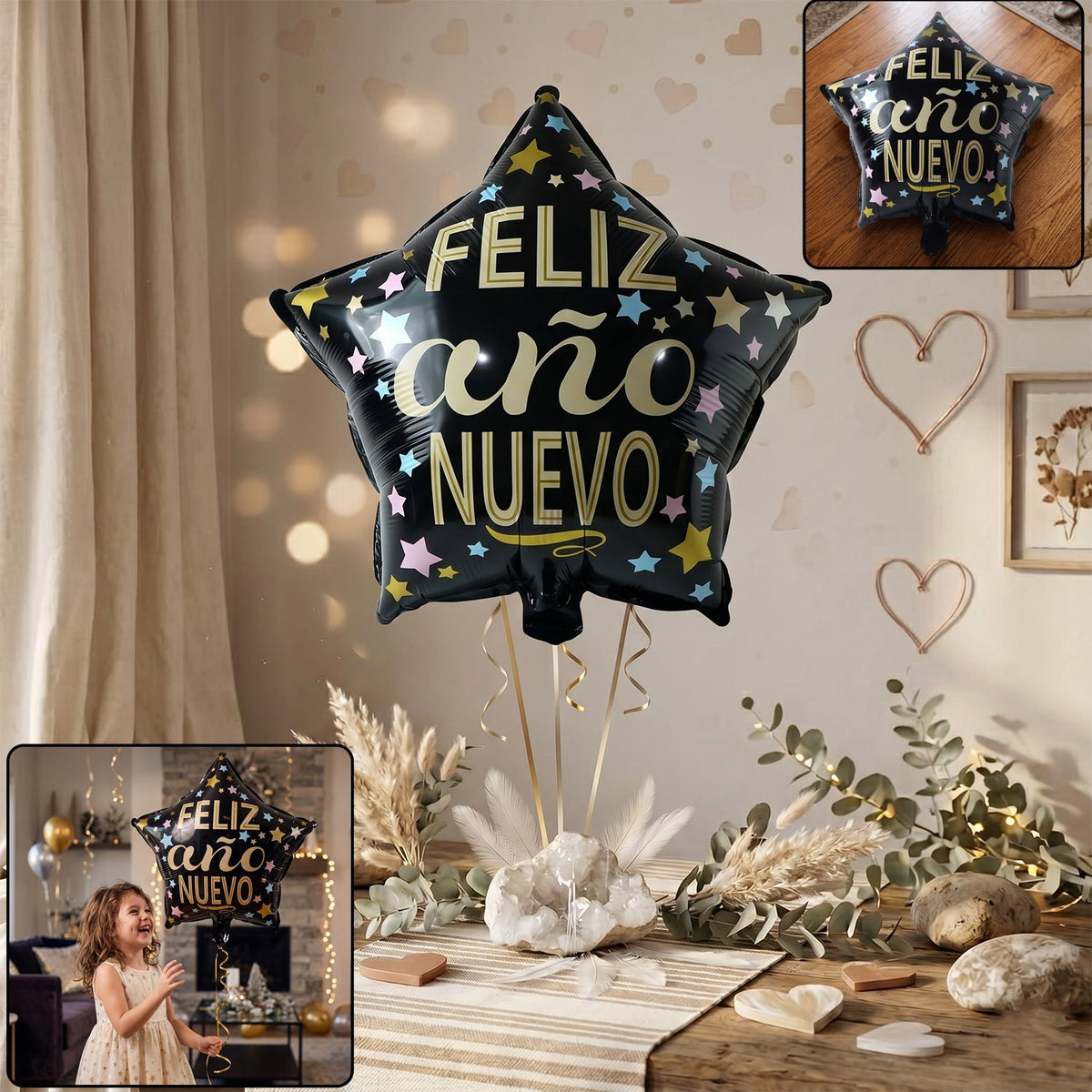 Black star Feliz Ano Nuevo foil balloon with shiny festive look Main image