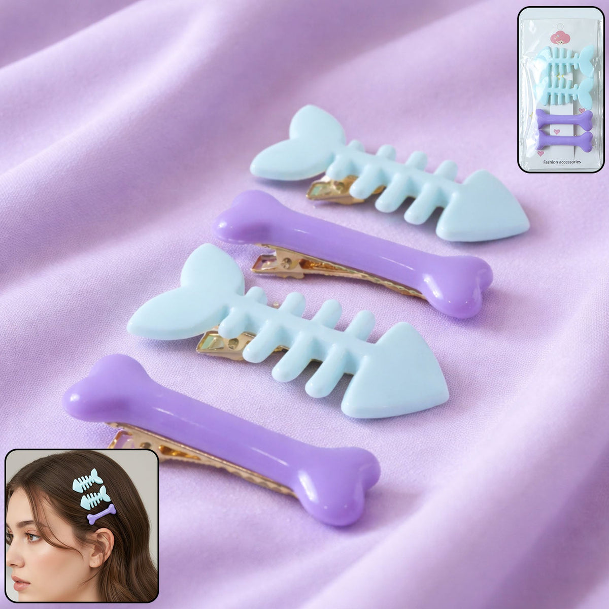 Pack of 4 fishbone hair clips with strong grip and cute bone design Main image