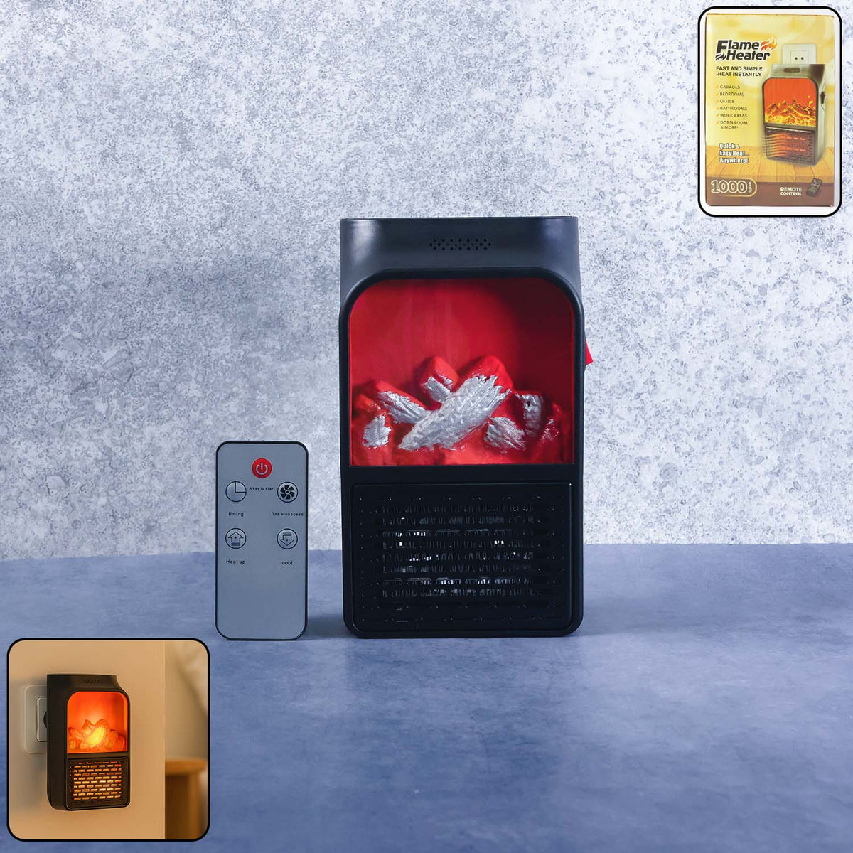 Front view of the electric fireplace heater with realistic LED flame. Main image