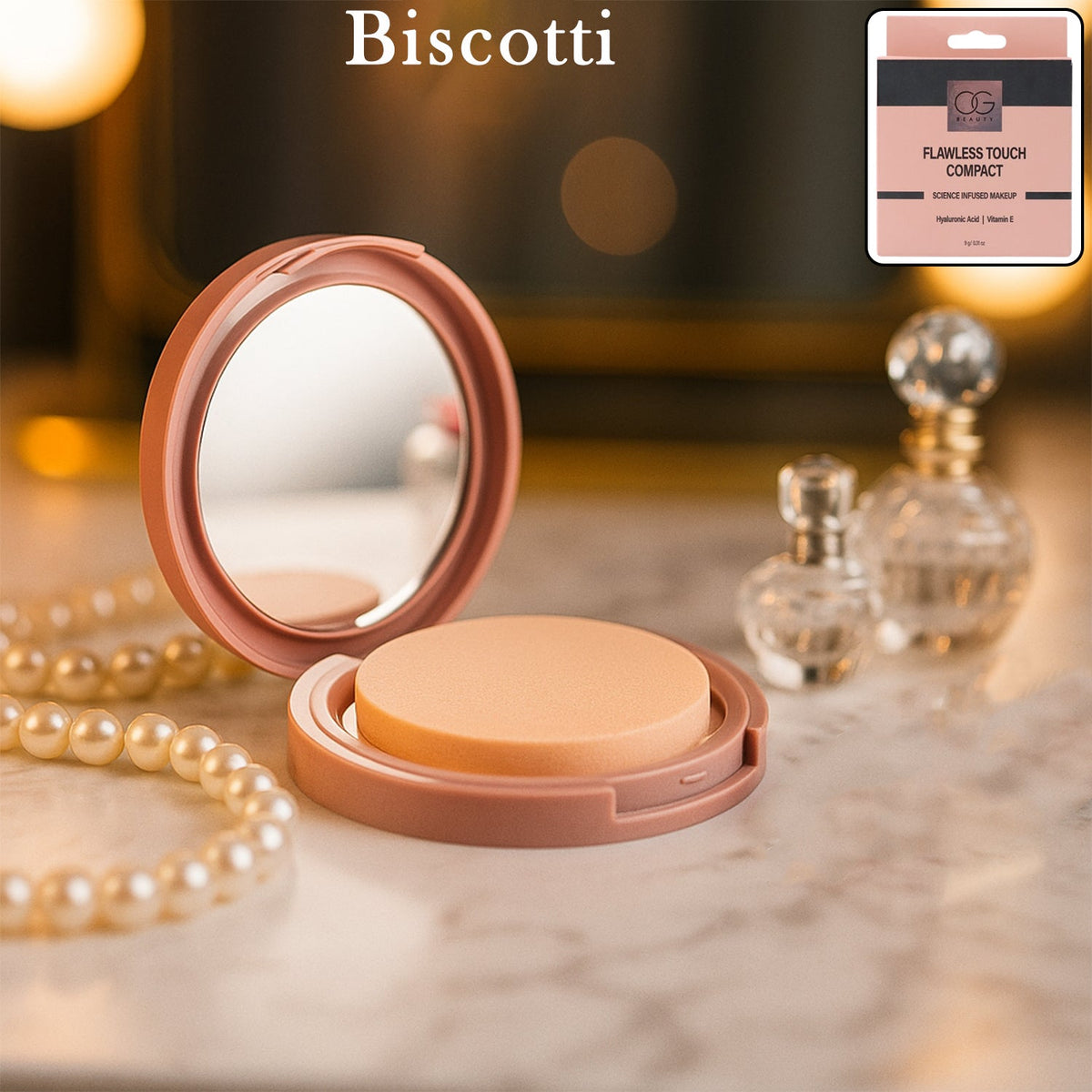 Biscotti Compact Powder in Brew shade with flawless touch packaging Main image